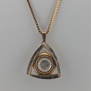 Vintage Clinton Pendant Watch Gold Tone Geometric Necklace Running 17" Chain